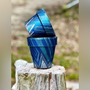 Blues/Silver stripes ~ set of 2 hand painted pots